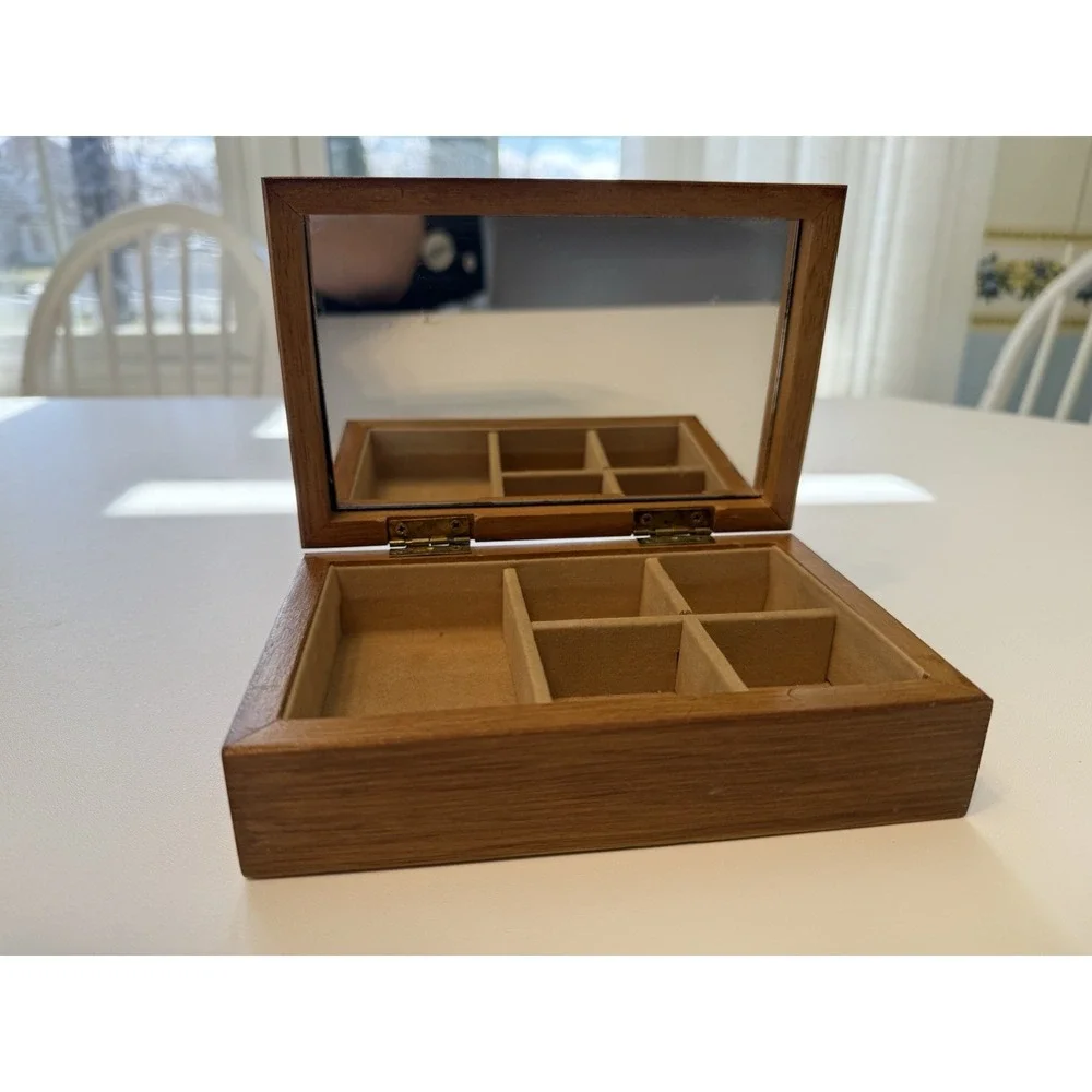 Vintage Jewelry Trinket Box Wooden 6.5 X 4.25‎ X 2 Velvet Mirror Tea Box MCM